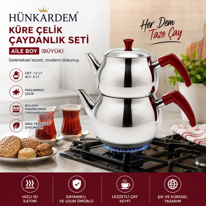 AİLE BÜYÜK BOY KÜRE ÇELİK ÇAYDANLIK SETİ ÜST: 1.2LT - ALT: 2LT (5263)
