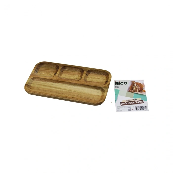 AKASYA DİKDÖRTGEN  4 BÖLMELİ=3+1  AHŞAP SERVİS SUNUM TEPSİ - TAHTASI  25 X 14 X 1.4CM (5263)