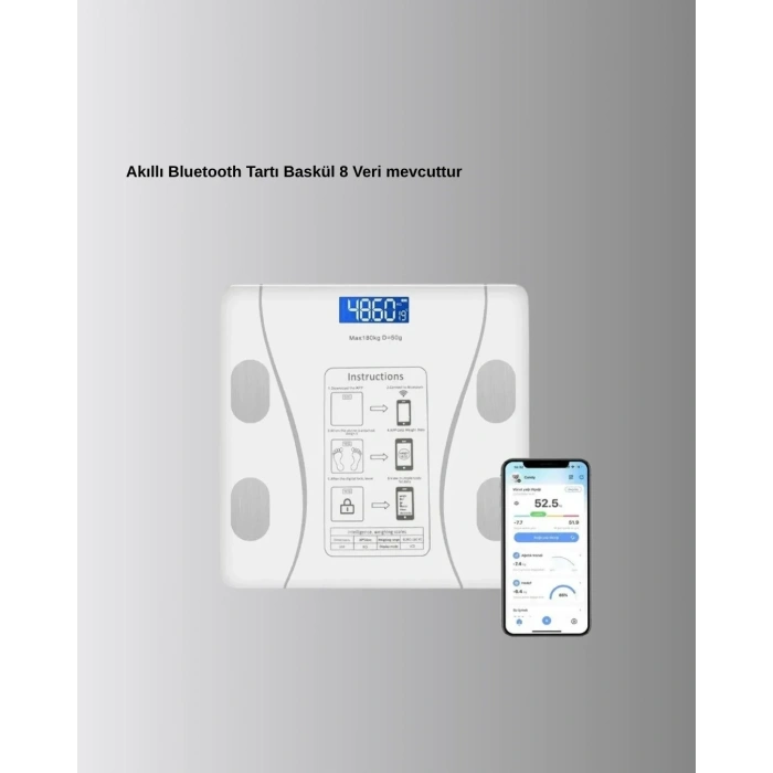 Akıllı Dijital Baskül – Bluetooth Bağlantılı, 8 Ölçüm Verili, Akıllı Vücut Analiz Tartısı
