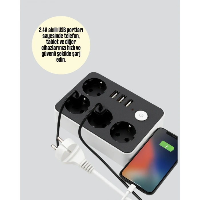 Akım Korumalı 3 Usb Portlu 4’lü Priz 4.1a Hızlı Şarj