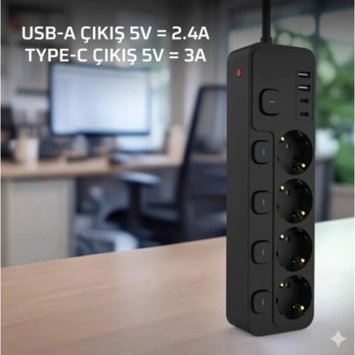 Akım Korumalı 4’lü Priz 2xusb 2xtype-c Çıkış Yüksek Gerilim Koruma Priz Çoğaltıcı