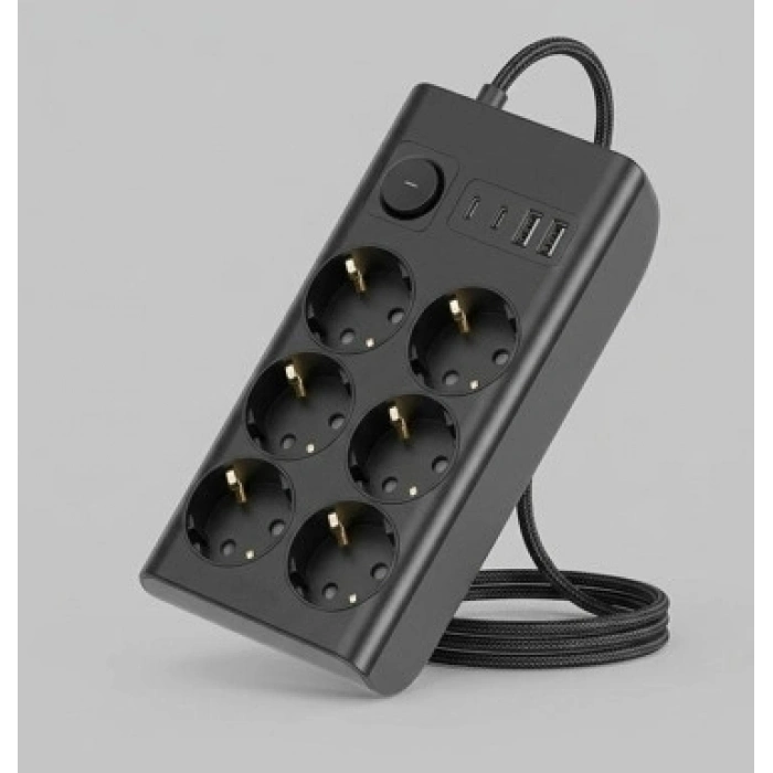 Akım Korumalı 6’lı Priz 2xusb 2xtype-c Çıkış Yüksek Gerilim Koruma Çoklu Priz Çoğaltıcı