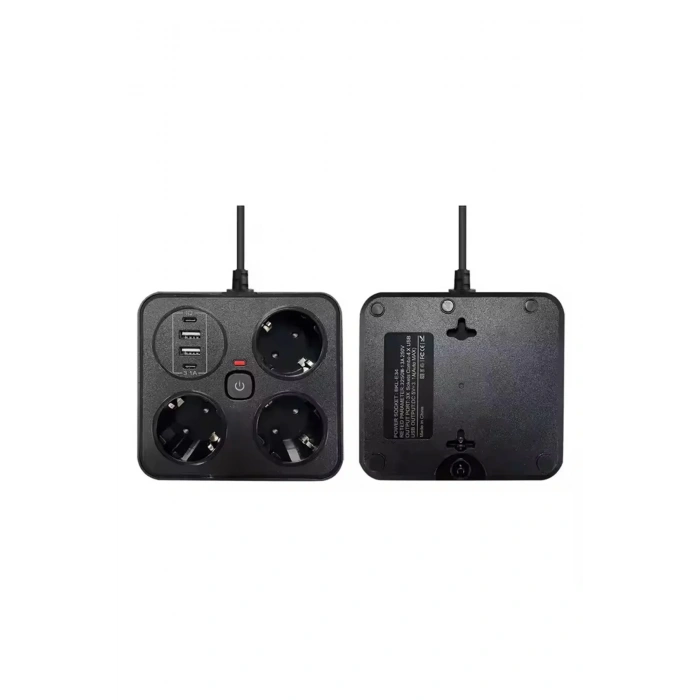 Akım Korumalı Anahtarlı Priz - 3x Priz - 2x Usb - 2x Type-c - 2 Mt Kablo Hızlı Şarj Özellikli Siyah
