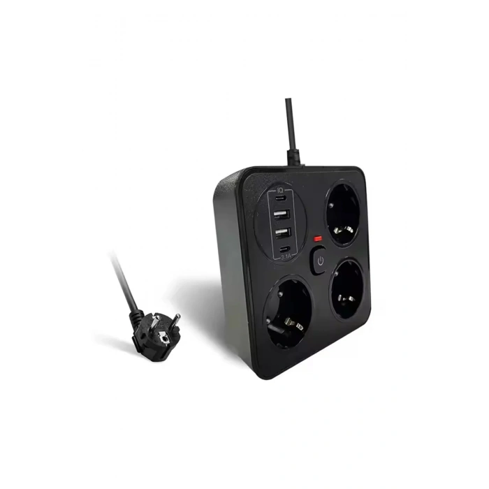 Akım Korumalı Anahtarlı Priz - 3x Priz - 2x Usb - 2x Type-c - 2 Mt Kablo Hızlı Şarj Özellikli Siyah