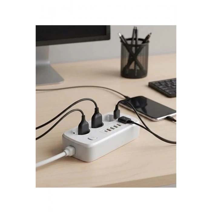  akım Korumalı Priz Ve Masaüstü Şarj İstasyonu Kablosuz 3 Priz ,4 Usb, 2 Type-c Girişli 2 Metre