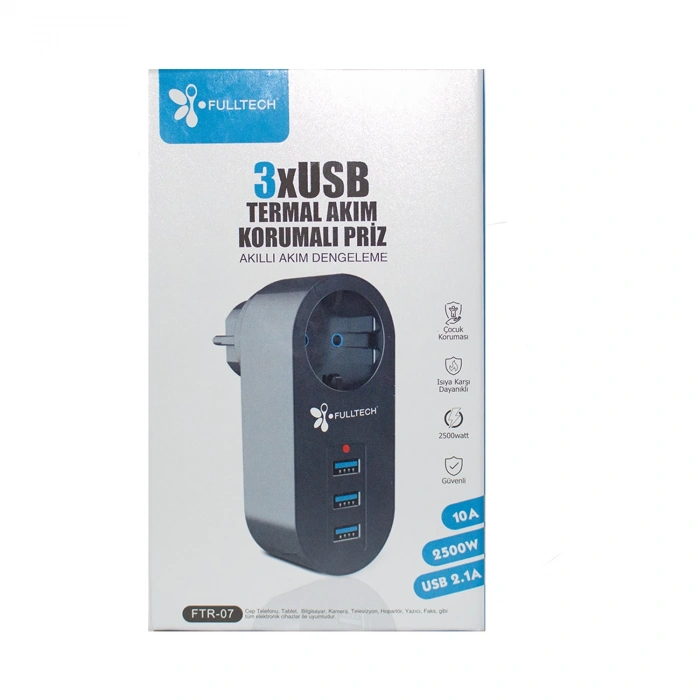 Akım Korumalı Tekli Priz - Akıllı Akım Dengeleme - 3xusb - Isıya Karşı Dayanıklı (5263)