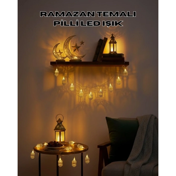 Altın Fener Detaylı Pilli Ramazan Led Işık Ev Dekorasyonu
