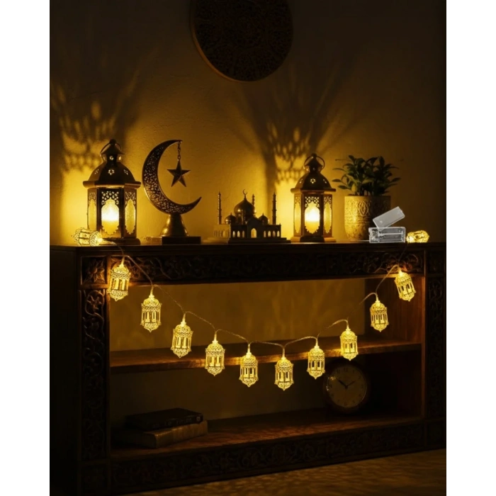 Altın Fener Detaylı Pilli Ramazan Led Işık Ev Dekorasyonu