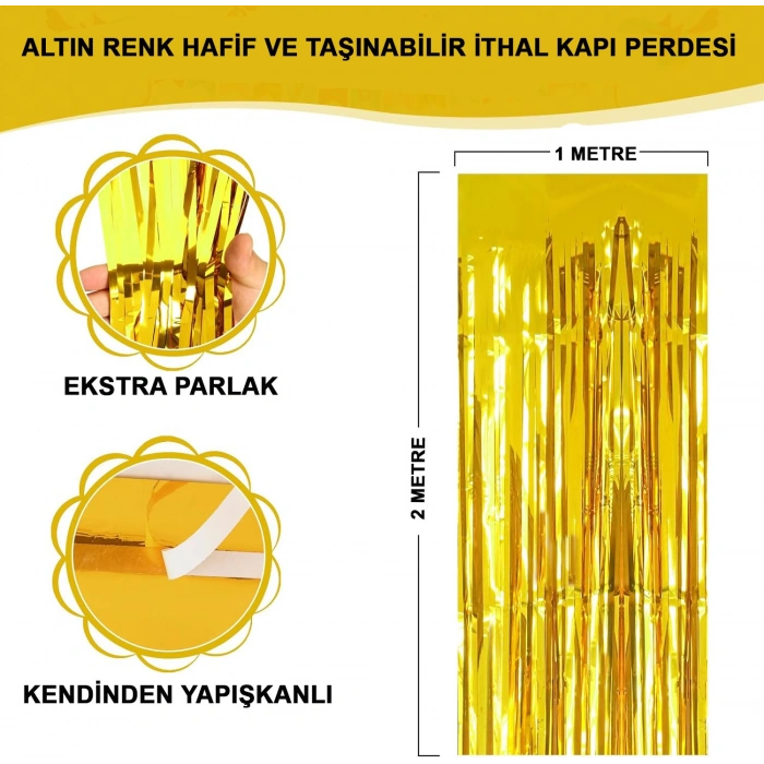 Altın Gold Renk Ekstra Metalize Parlak Saçaklı Arka Fon Perde İthal A Kalite 1x2 Metre (5263)