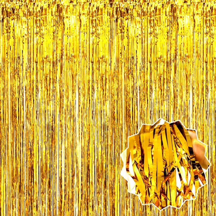 Altın Gold Renk Ekstra Metalize Parlak Saçaklı Arka Fon Perde İthal A Kalite 1x2 Metre (5263)