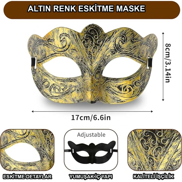 Altın Renk Eskitme Maskeli Balo Maskesi – Venedik Tarzı Parti Maskesi (5263)
