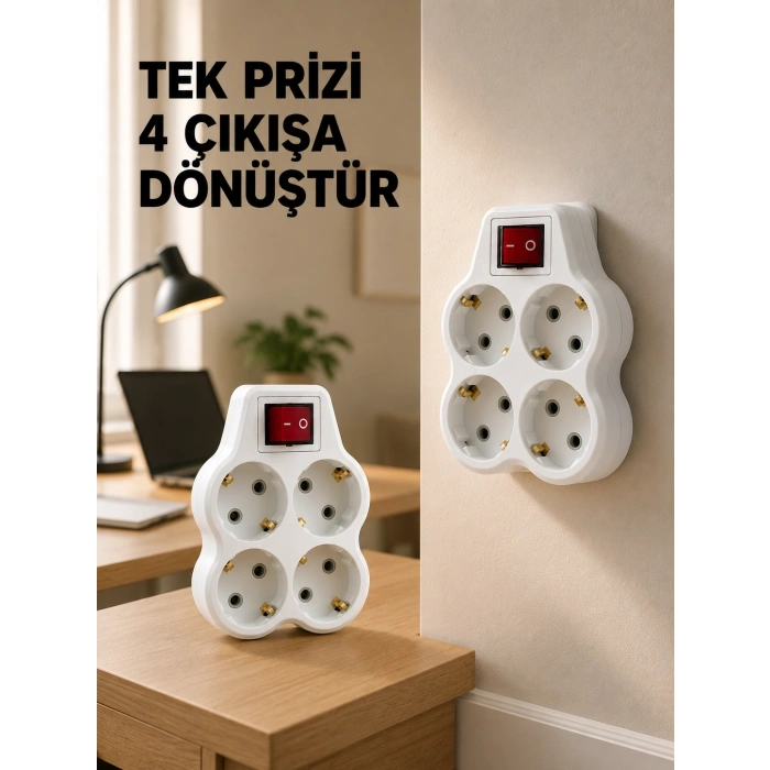 Anahtarlı 4’lü Priz Adaptörü Direkt Duvar Prizine Takılan Priz Çoklayıcı 2’li Set