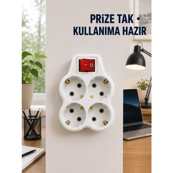 Anahtarlı 4’lü Priz Adaptörü Direkt Prize Takılan Kompakt Priz Çoklayıcı