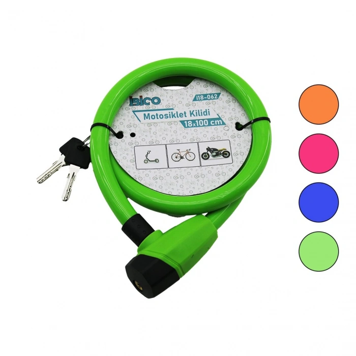 ANAHTARLI KALIN MOTOR - BİSİKLET KİLİT ÇELİK TEL RENKLİ KILIF 18MMX100CM (5263)