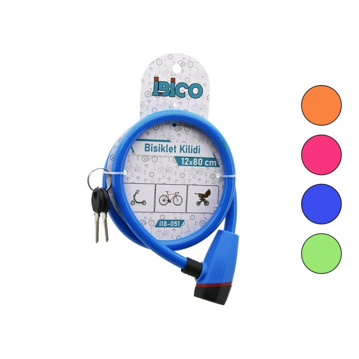 ANAHTARLI PLASTİK KAFA BİSİKLET KİLİT ÇELİK TEL RENKLİ KILIF 12MMX80CM (5263)
