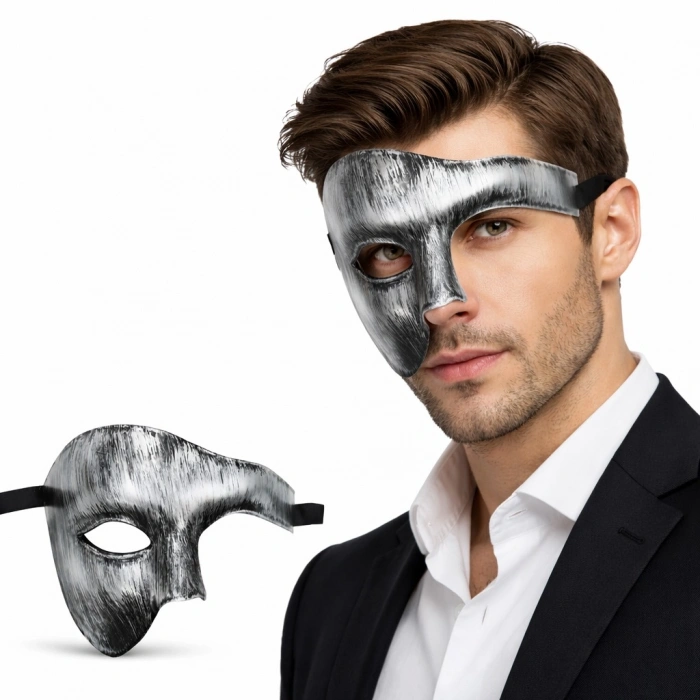 Antik Eskitme Gümüş Erkek Yarım Maske - Phantom &amp;amp; Balo Maskesi (5263)