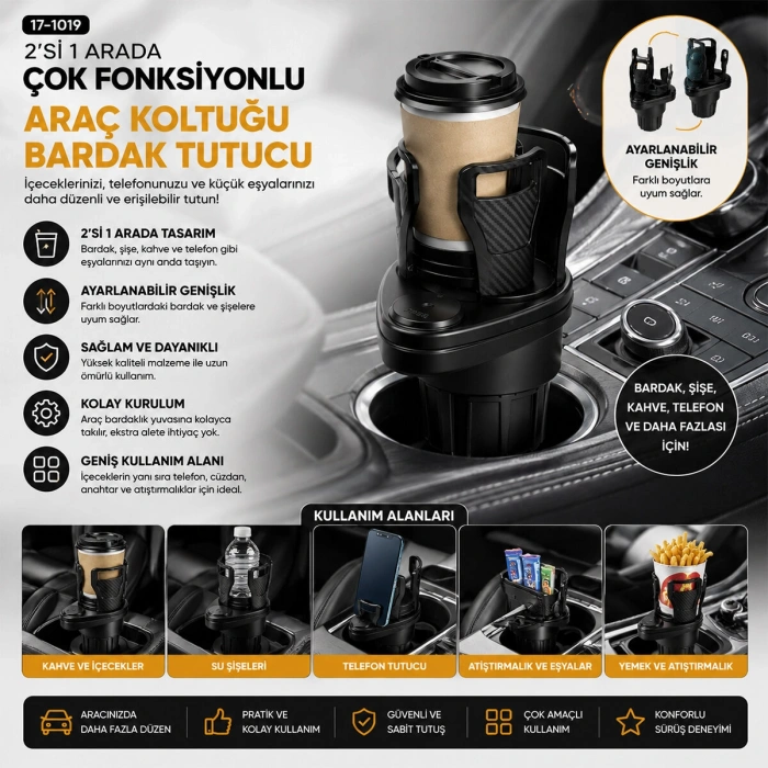 ARAÇ İÇİ ÇOK FONKSİYONLU BARDAK TUTUCU - 2 BÖLMELİ 360° DÖNEBİLEN - GENİŞLEYEBİLİR ÜST HAZNE - STAND CWS-003 (5263)