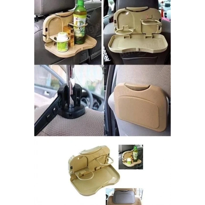 Araç İçi Koltuk Arkası Katlanabilir Bardak Tutuculu Bej Tepsi