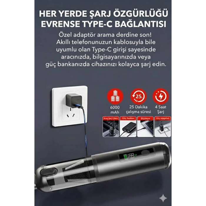 Araç Süpürgesi Şarjlı 120w 20.000pa Göstergeli Yeni Nesil Metal Filtre Extra Vakum Ve Üfleme