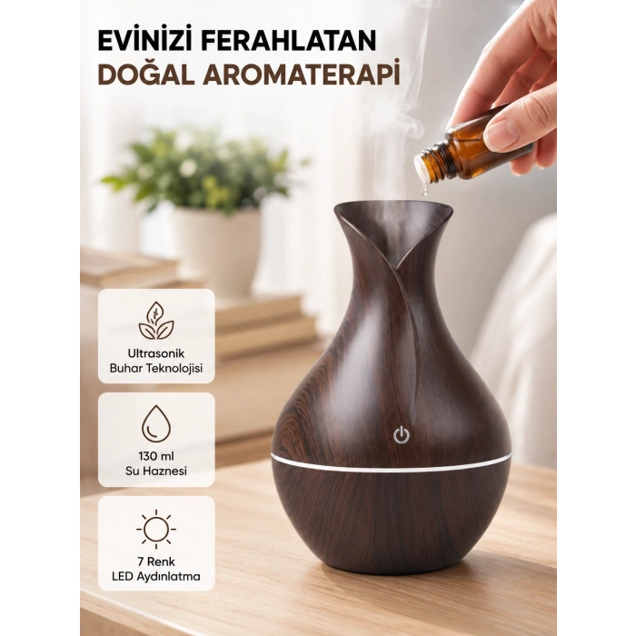 Aromaterapi Difüzör Ahşap Desenli Ve Ultrasonik Nemlendirici Led Işıklı