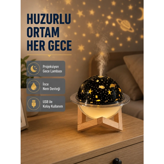 Aromaterapili Usb Hava Nemlendirici – Projeksiyon Işıklı, Sessiz Ve Şık Tasarım