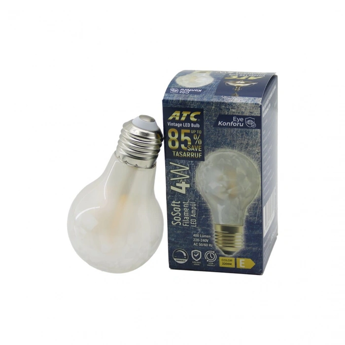ATC-A60-SS VİNTAGE SOSOFT FİLAMENT 4W LED AMPUL LAMBA E27 KIRILMAZ PLASTİK CAM 400 LÜMEN 2200K 25.000 SAAT (5263)