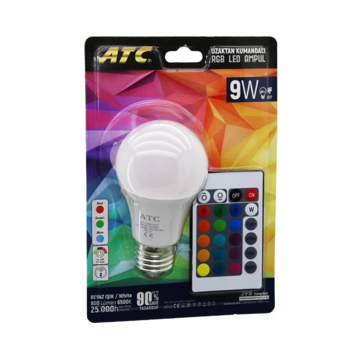ATC-RGB-9W  KUMANDALI   9W=60W  RGB=16-RENKLİ LED AMPUL E27 800 LÜMEN 6500K 25.000 SAAT ÖMÜR (5263)