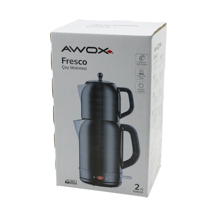 AWOX FRESCO SİYAH ELEKTRİKLİ ÇAY MAKİNESİ ÇAYCI SET 1.7LT SU ISITICI + 1.2LT DEMLİK PASLANMAZ ÇELİK GÖVDE 2200W (5263)