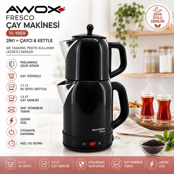 AWOX FRESCO SİYAH ELEKTRİKLİ ÇAY MAKİNESİ ÇAYCI SET 1.7LT SU ISITICI + 1.2LT DEMLİK PASLANMAZ ÇELİK GÖVDE 2200W (5263)