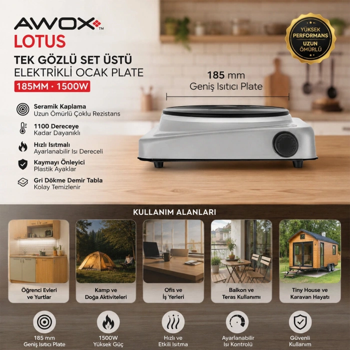 AWOX LOTUS TEK GÖZLÜ ELEKTRİKLİ OCAK PLATE 185MM.1500W (5263)