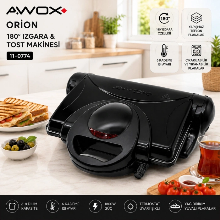 AWOX ORİON SİYAH TOASTER 8 DİLİM TOST MAKİNESİ - 180° IZGARA 1800W (5263)