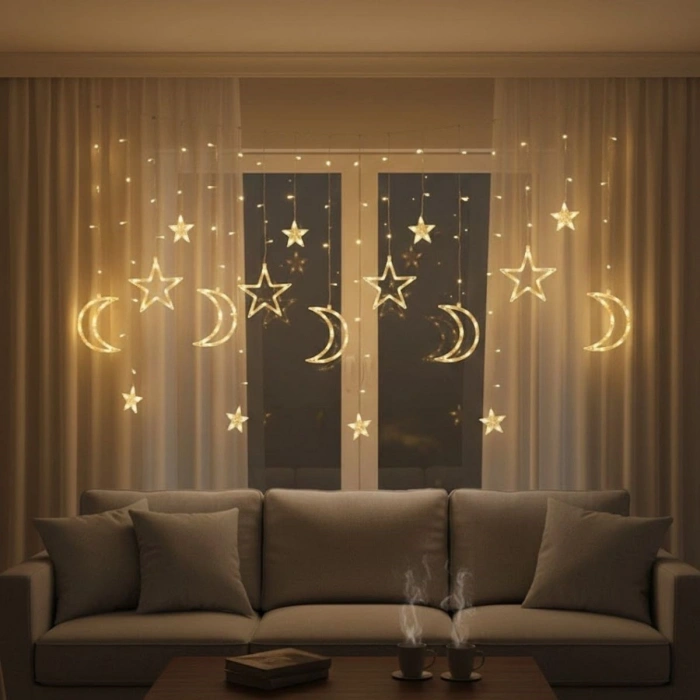 Ay ve Yıldız Figürlü Kumandalı 12 Sarkıtlı 120 LED Dekor Işık – Dekoratif Ortam ve Masaüstü Aydınlatması (5263)