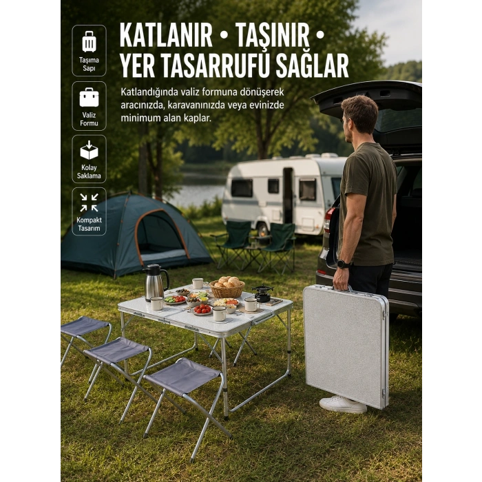 Ayarlanabilir Yükseklikli Kamp Ve Piknik Masası 4 Kişilik Katlanabilir Masa Seti