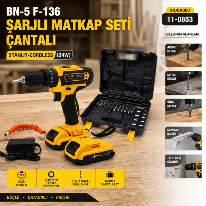 BANCO BN-5 F-136 STANLIY SARI 24W PROFESSIONAL ŞARJLI DARBELİ MATKAP SETİ ÇANTALI (5263)