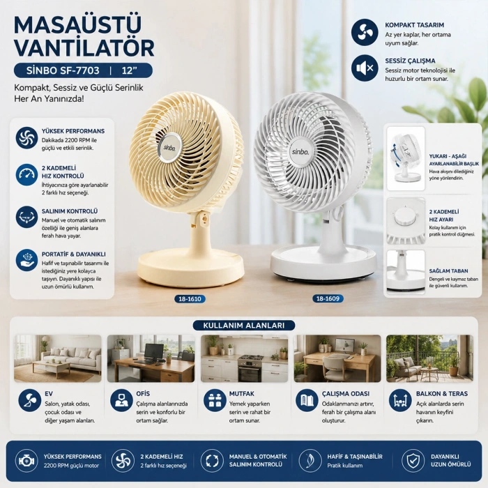 BEJ 12 INC EV - OFİS KOMPAKT - SESSİZ - İKİ KADEME MASAÜSTÜ VANTİLATÖR SF-7703 (5263)