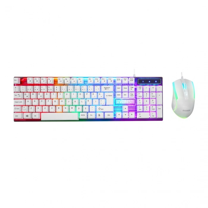 BEYAZ GÖKKUŞAĞI IŞIKLI USB KABLOLU OYUNCU KLAVYE - MOUSE SET (5263)