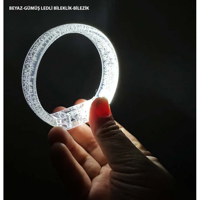 Beyaz-Gümüş Led Işıklı Baskı Yapılabilen Pilli Bileklik Bilezik 1,5 cm Genişlik (5263)