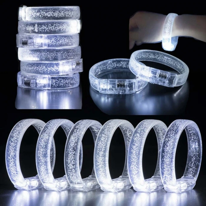 Beyaz-Gümüş Led Işıklı Baskı Yapılabilen Pilli Bileklik Bilezik 1,5 cm Genişlik (5263)