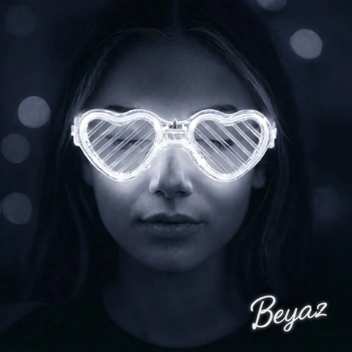 Beyaz LED Işıklı Kalp Gözlük – 3 Modlu Parti - Glow Gözlüğü (5263)