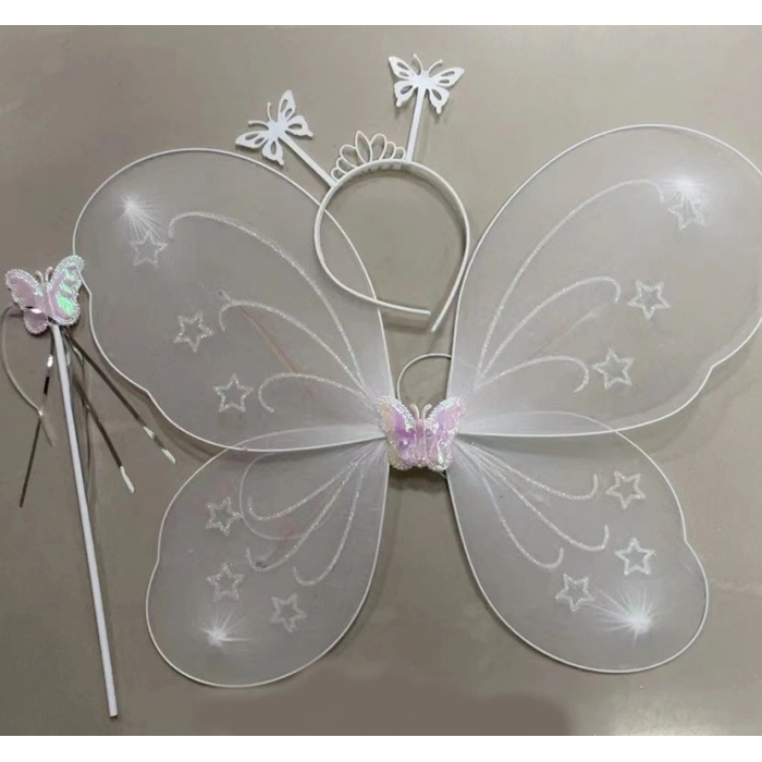 Beyaz Renk Kelebek Kanadı Tacı ve Sopası 50x37 cm (5263)