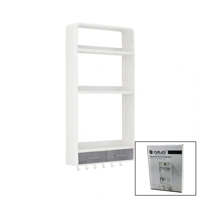 BEYAZ YAPIŞKANLI DUVAR ORGANİZERİ PLASTİK 3 RAF=14CM-19CM-30CM - 2 ÇEKMECE=40CM - 6 ASKI 19 PARÇA (5263)