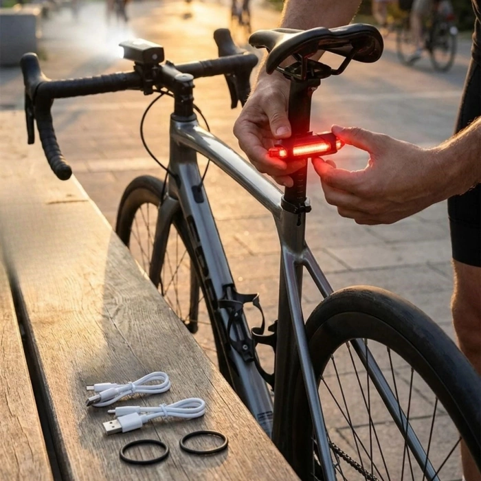 Bisiklet Işık Seti – USB Şarjlı LED Ön Far + Arka Stop Lambası, Su Geçirmez Bisiklet Aydınlatma Seti (5263)