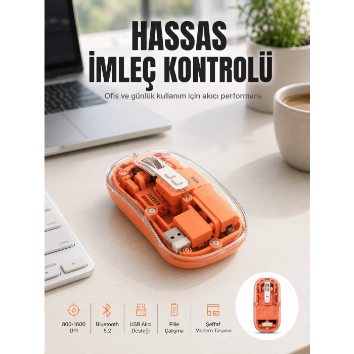 Bluetooth Ve Usb Destekli Kablosuz Şeffaf Mouse Sessiz Kullanım Yeni Nesil