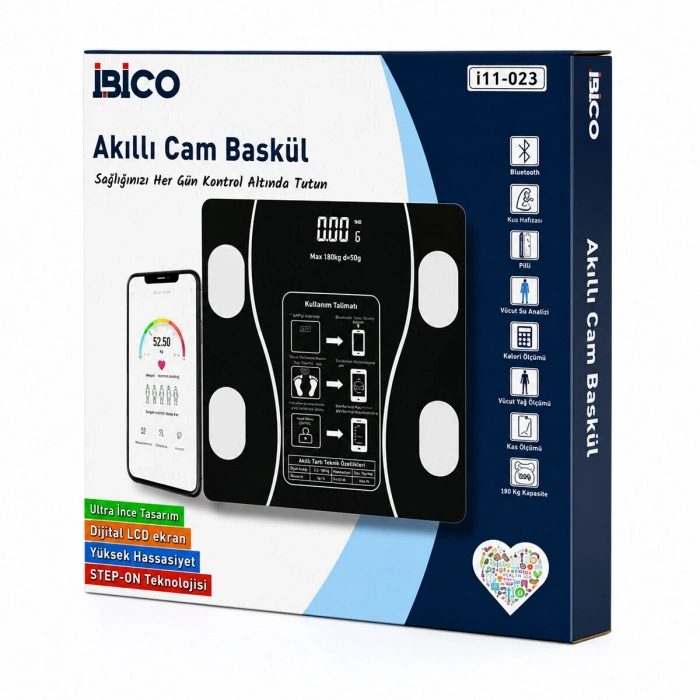 BLUETOOTH - VÜCUT ANALİZLİ DİJİTAL BASKÜL TERAZİ TARTI 180KG/50G YAĞ - SU - KAS ORAN - BMI İ11-023 (5263)