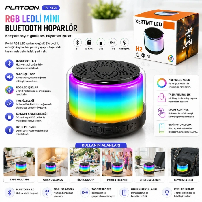 BT - SD - USB ŞARJLI RGB IŞIKLI BLUETOOTH WİRELESS SPEAKER HOPARLÖR 3W PL-4675 (5263)