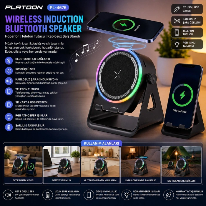 BT - SD - USB ŞARJLI TELEFON TUTACAK RGB IŞIKLI BLUETOOTH WİRELESS SPEAKER HOPARLÖR 5W PL-4676 (5263)