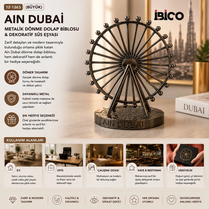 BÜYÜK AIN DUBAİ METALİK DÖNME DOLAP BİBLOSU - DEKORATİF SÜS EŞYASI KROM - BAKIR (5263)