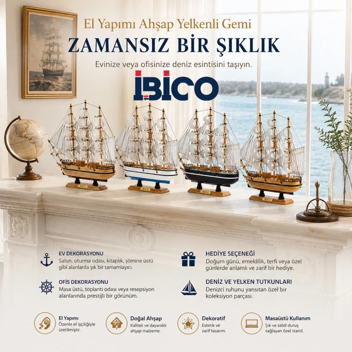 BÜYÜK UZUNLUK : 36CM - GENİŞLİK : 38.5CM MASAÜSTÜ DEKORATİF AHŞAP YELKENLİ GEMİ SÜS EŞYASI HERHANGİ BİR RENK GÖNDERİLİR (5263)
