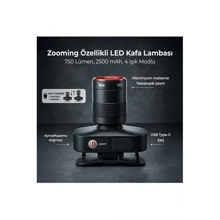 Bxt1fl 10w Şarj Edilebilir Kafa Feneri 750 Lümen 2500mah 4 Işık Modlu Zoom Özellikli Led Kafa