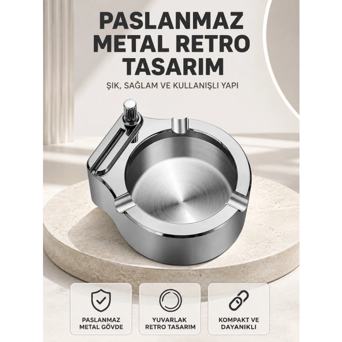 Çakmaklı Küllük Paslanmaz Metal Yuvarlak Tasarım